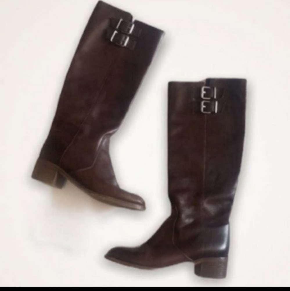 J Crew Brown Leather Heeled Boots Buckle 6